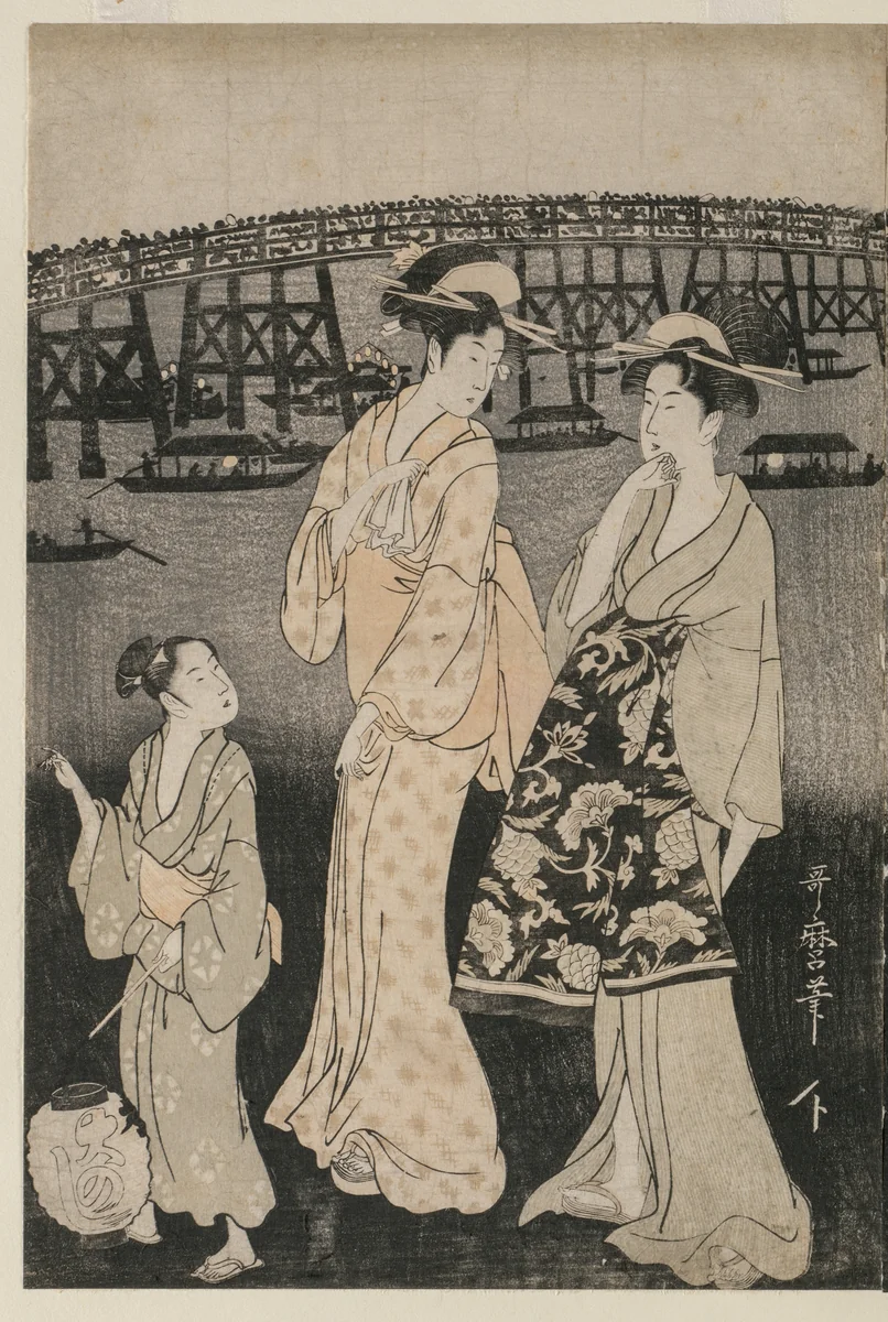 Women Enjoying the Evening Cool Near Ryogoku Bridge by Kitagawa Utamaro (喜多川歌麿), print, 1794-1797