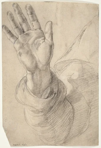 Upraised Right Hand, with Palm Facing Outward: Study for Saint Peter by Raffaello Sanzio, drawing, 1518-1520