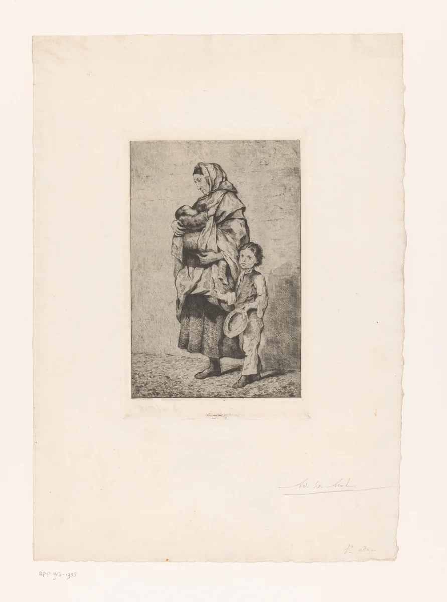 Vrouw met een kind in haar armen en een jongen naast haar by Adolphe Léonard De Mol, print, 1874
