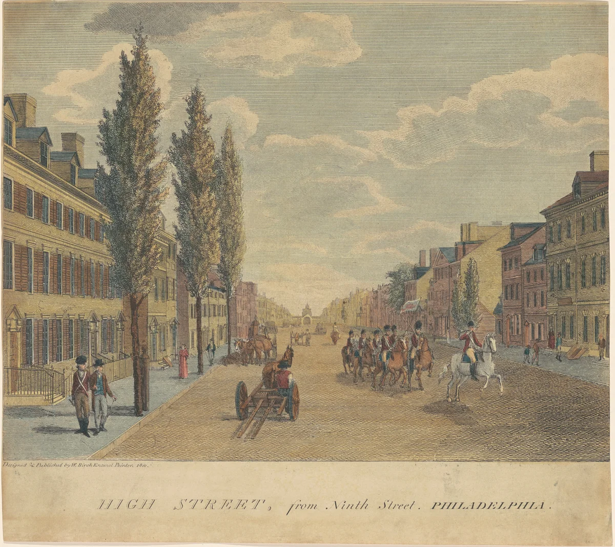 High Street, from Ninth Street, Philadelphia by William Russell Birch, print, 1800