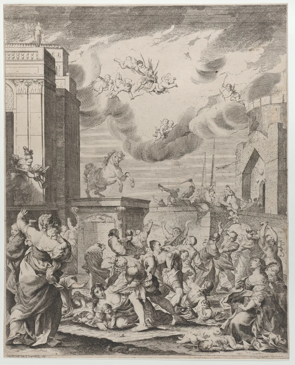The massacre of the innocents set against a townscape by Lodovico Mattioli, print, 1680-1740