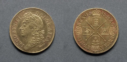 Two Guineas: James II (obverse); Four Shields of Arms (reverse) by John Roettier, metalwork, 1687
