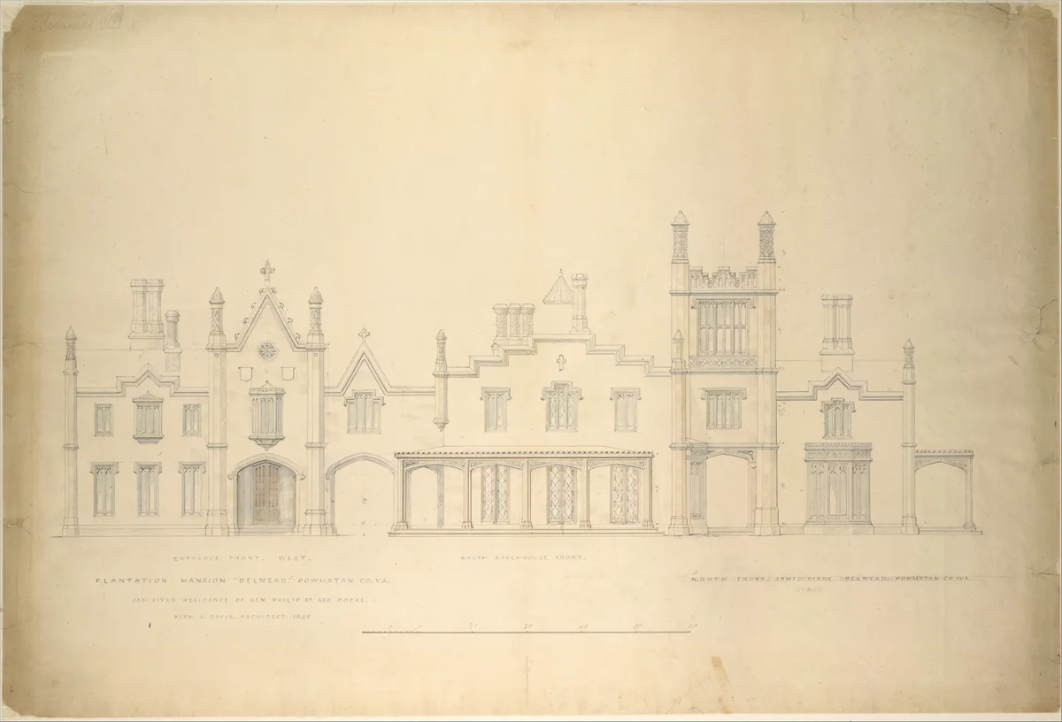 Belmead, Plantation Mansion for Philip St. George Cocke, Powhatan Co., Virginia (partial elevations of entrance facade, greenhouse facade and James River facade, shown as continuous) by Alexander Jackson Davis, drawing, 1846
