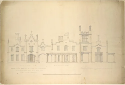 Belmead, Plantation Mansion for Philip St. George Cocke, Powhatan Co., Virginia (partial elevations of entrance facade, greenhouse facade and James River facade, shown as continuous) by Alexander Jackson Davis, drawing, 1846