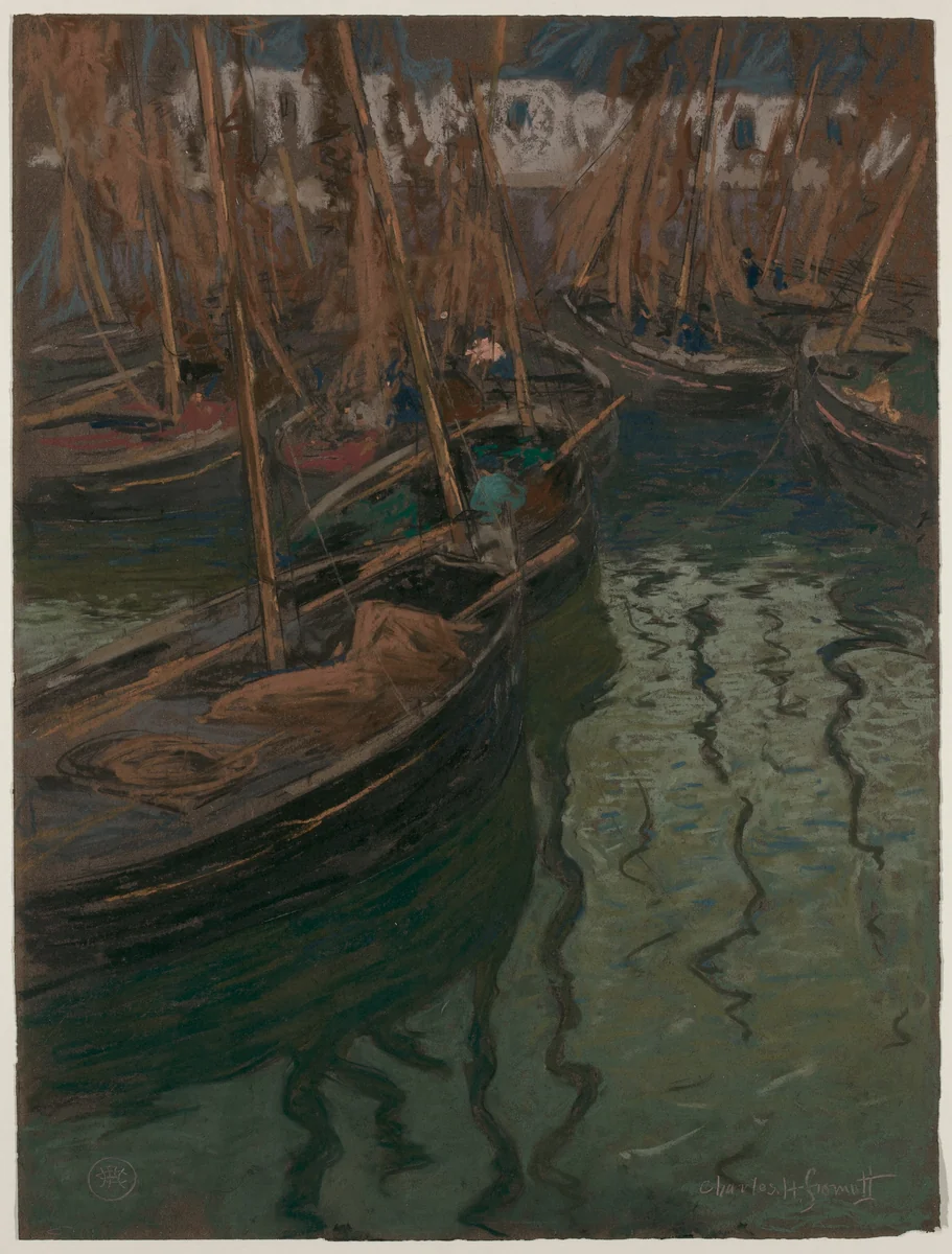 A Dock Harmony--Fishing Boats by Charles Fromuth, drawing, 1897