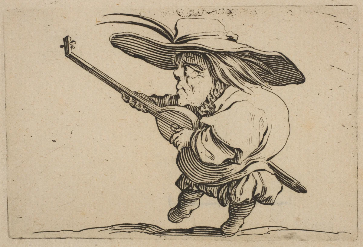 Le Joeuer de Luth (The Lute Player), from "Varie Figure Gobbi, suite appelée aussi Les Bossus, Les Pygmées, Les Nains Grotesques" (Various Hunchbacked Figures, The Hunchbacks, The Pygmes, The Grotesque Dwarfs) by Jacques Callot, print, 1616-1622