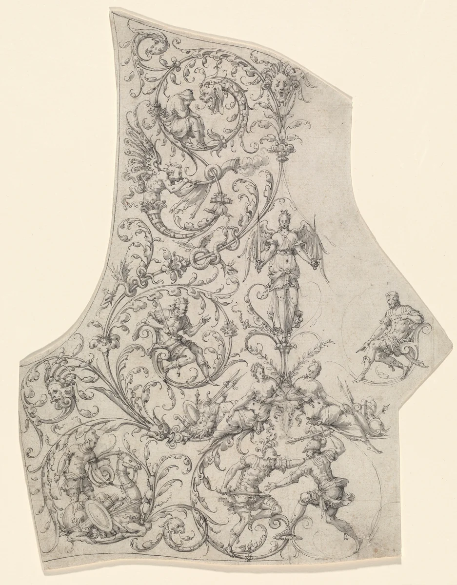 The Backplate of a Suit of Parade Armor by Etienne Delaune, drawing, 1552-1562