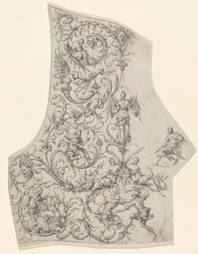 The Backplate of a Suit of Parade Armor by Etienne Delaune, drawing, 1552-1562
