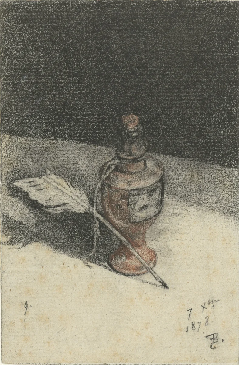 Stilleven van een inktpotje met een veer by François Bonvin, drawing, 1878
