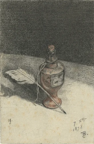 Stilleven van een inktpotje met een veer by François Bonvin, drawing, 1878