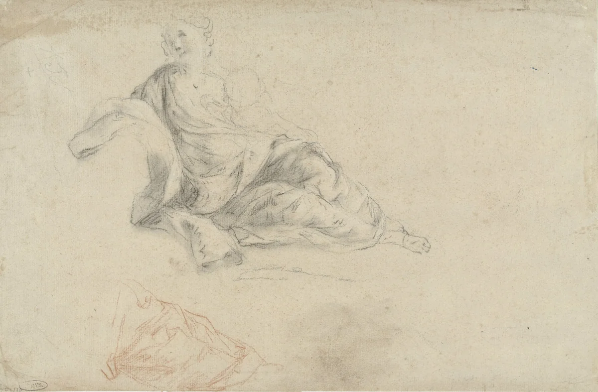 Schetsen van een liggende vrouw met een kind aan de borst by anonymous, drawing, 1700-1800