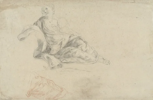 Schetsen van een liggende vrouw met een kind aan de borst by anonymous, drawing, 1700-1800