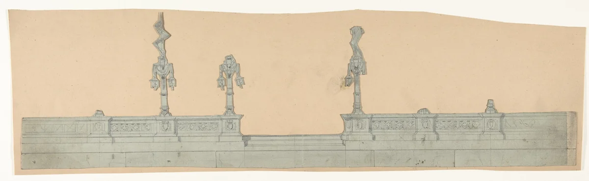 Design for a Stage Set at the Opéra, Paris: Balustrade wtih Lamp Posts by Eugène Cicéri, drawing, 1830-1890