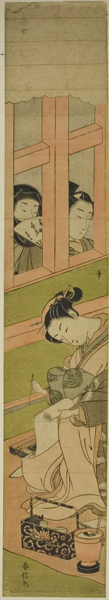 Courtesan Writing a Letter as Two Men Watch through a Window Lattice by Suzuki Harunobu (鈴木春信), print, 1764-1770