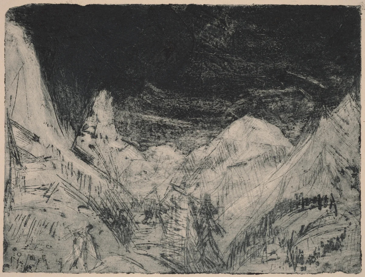 Mountain Landscape with Little Mowers by Ernst Ludwig Kirchner, print, 1919