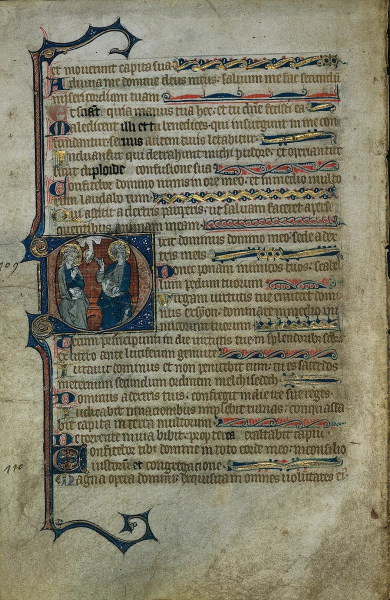 Leaf from a Psalter: Historiated Initial D with The Trinity by Master of the Queen Mary Psalter, manuscript, 1305-1315