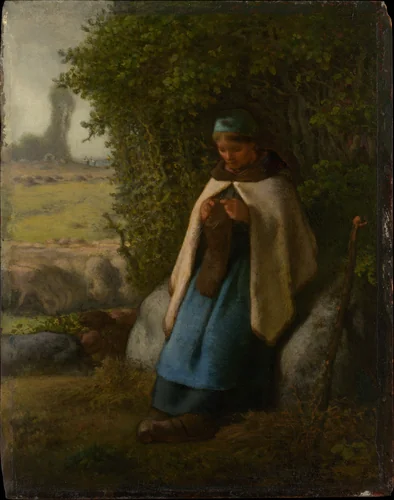 Shepherdess Seated on a Rock by Jean-François Millet, painting, 1856