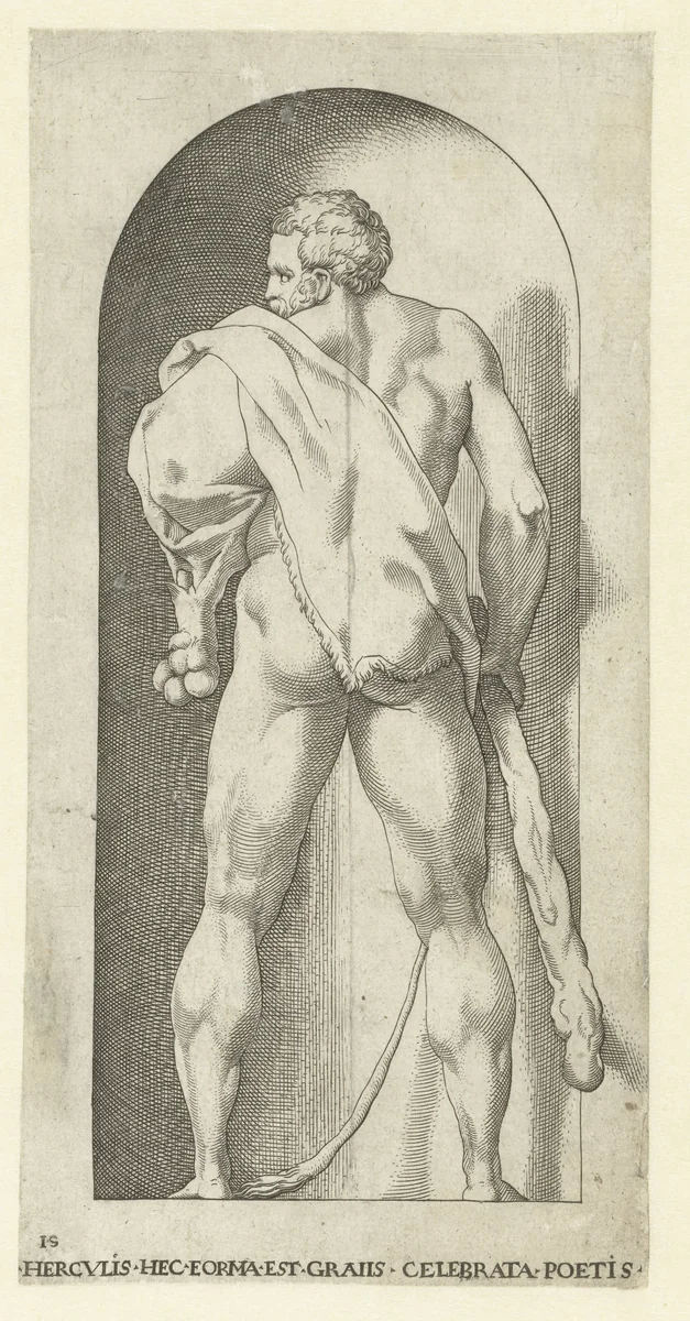 Hercules met knots en huid van een leeuw by Jacob Binck, print, 1530