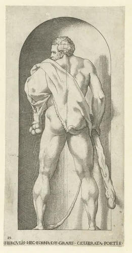 Hercules met knots en huid van een leeuw by Jacob Binck, print, 1530