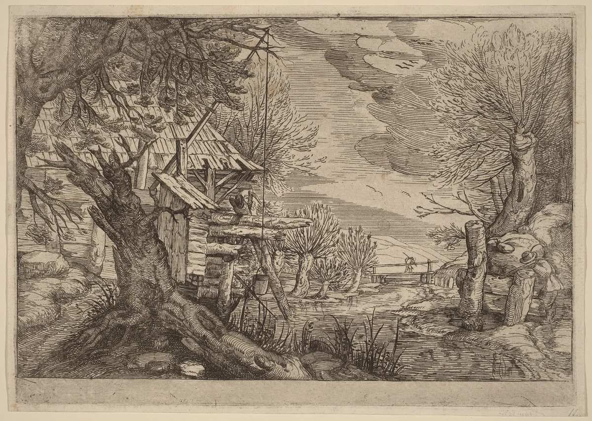 Landscape with Log House near a River by Jacques de Gheyn II, print, 1600-1699