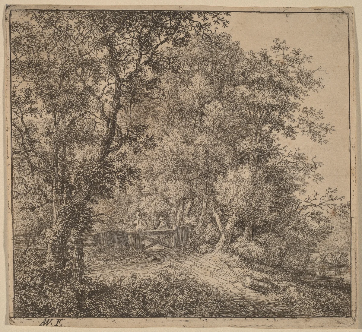 Two Men at a Gate by Anthonie Waterloo, print, 1609-1690