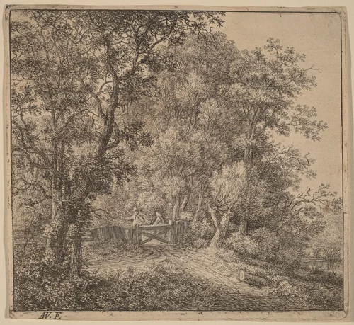 Two Men at a Gate by Anthonie Waterloo, print, 1609-1690