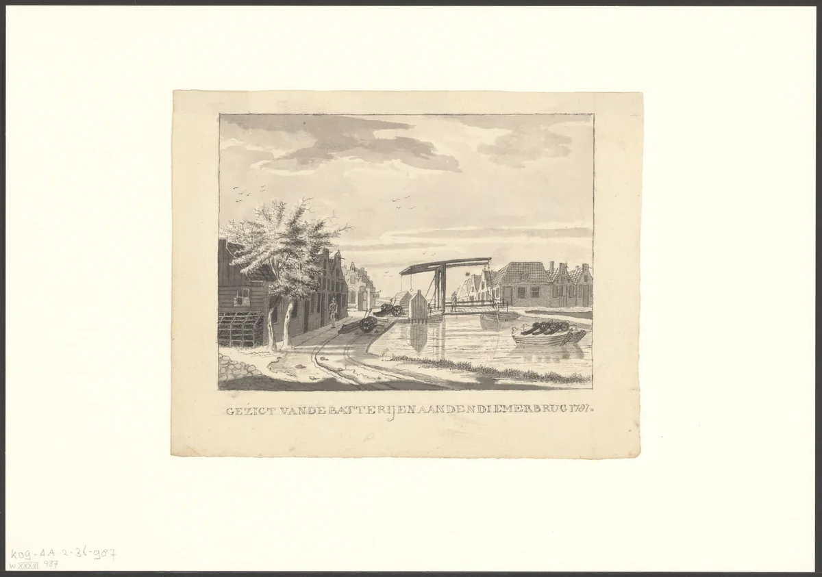 Gezicht op een batterij aan de Diemerbrug by anonymous, drawing, 1787-1899