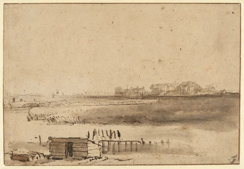 View of Houtewael near the Sint Anthoniespoort [recto] by Rembrandt van Rijn, drawing, 1650