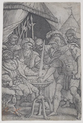 Mucius Scaevola and Porsenna, from "Roman Heroes" by Georg Pencz, print, 1535