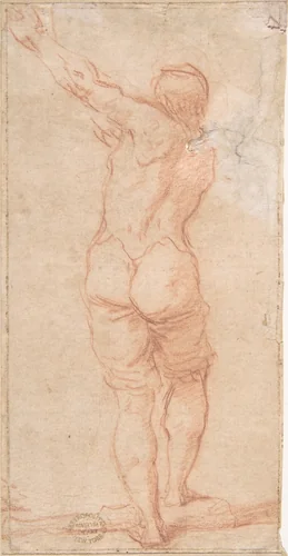 Male Figure with Arms Raised to the Left Seen From the Rear (recto); Male Figures with Arms Raised to the Left (front view of figure on recto) (verso) by anonymous, drawing, 1600-1700