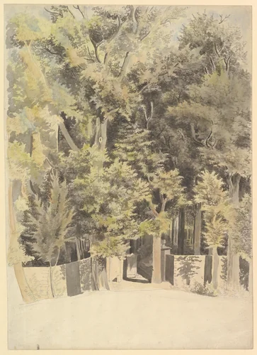 Trees by an entrance to a park by Theodosius Forrest, drawing, 1760-1775
