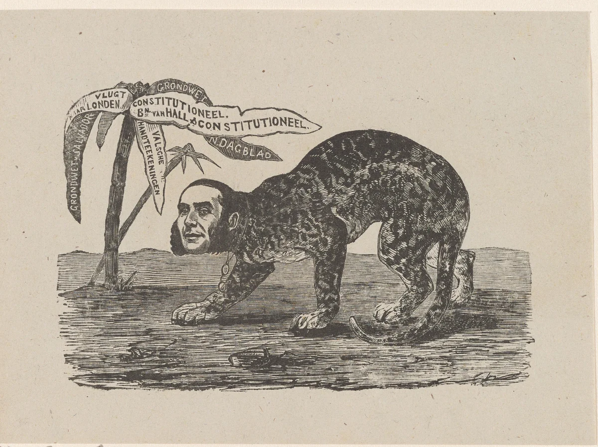 Luipaard met het hoofd van een man (mogelijk Floris Adriaan van Hall) in de woestijn naast een palmboom met tekst by Isaac Weissenbruch, print, 1836-1912