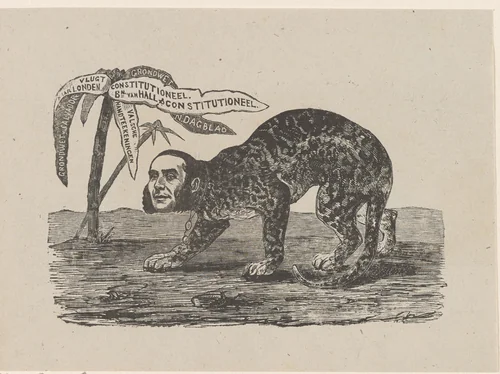 Luipaard met het hoofd van een man (mogelijk Floris Adriaan van Hall) in de woestijn naast een palmboom met tekst by Isaac Weissenbruch, print, 1836-1912