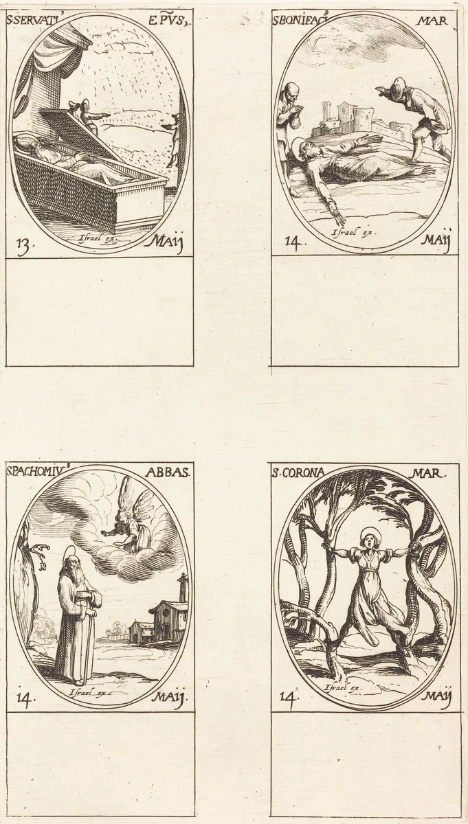 St. Servatius; St. Boniface; St. Pachomius; St. Corona by Jacques Callot, print, 1627-1637