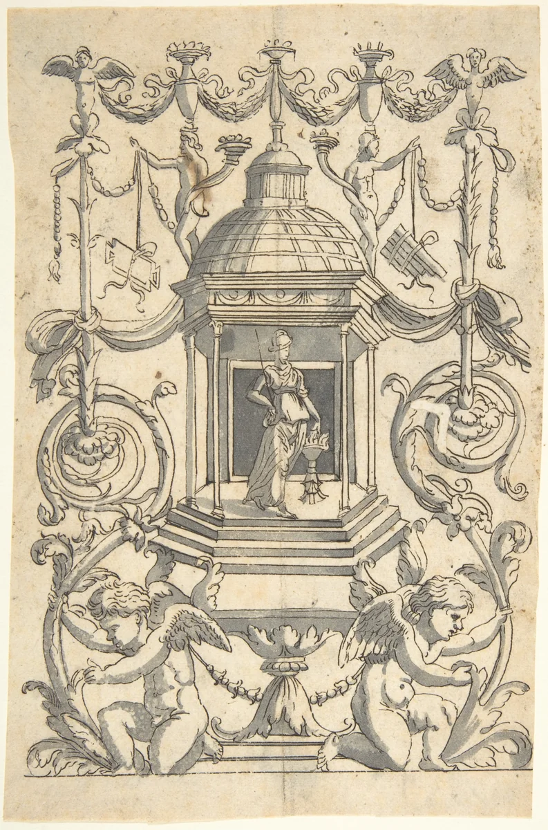 Grotesque with a Female Figure (Minerva?) in a Temple-like Structure with a Cupola by anonymous, drawing, 1540-1570