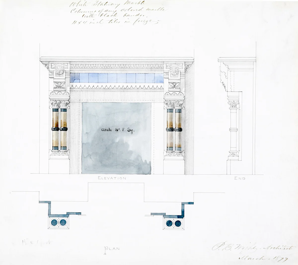 White Statuary Marble Mantel Design, Elevations and Plan by Peter Bonnett Wight, drawing, 1877