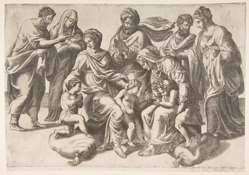 The Holy Kinship, in thecentre the Christ Child takes a bird given to him by the infant John the Baptist by Giulio Bonasone, print, 1520-1600