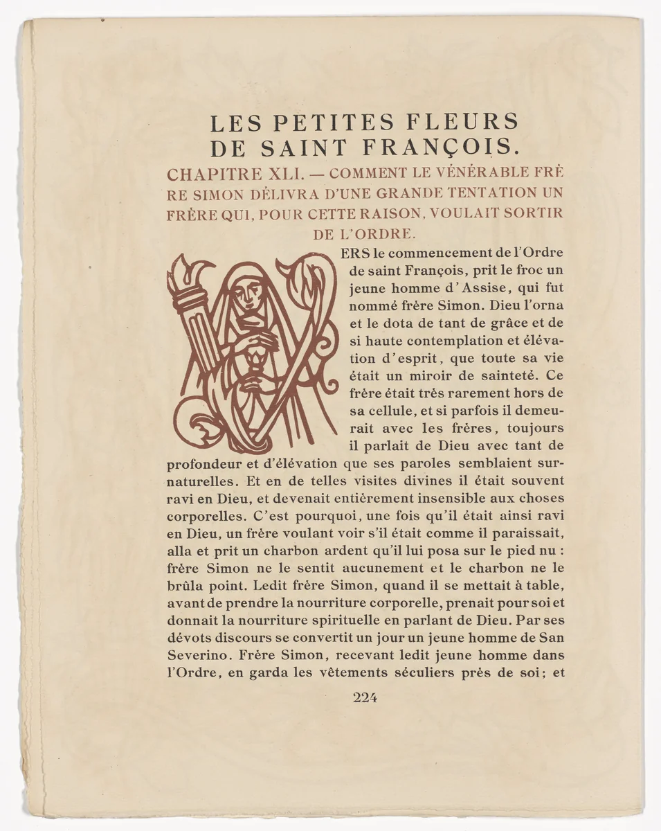 Pictorial initial (page 224) from Les Petites Fleurs de St. François (The Little Flowers of St. Francis) by Émile Bernard, illustrated book, 1928