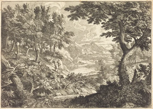 Landscape with Travelers by Georges Focus, print, 1641-1708