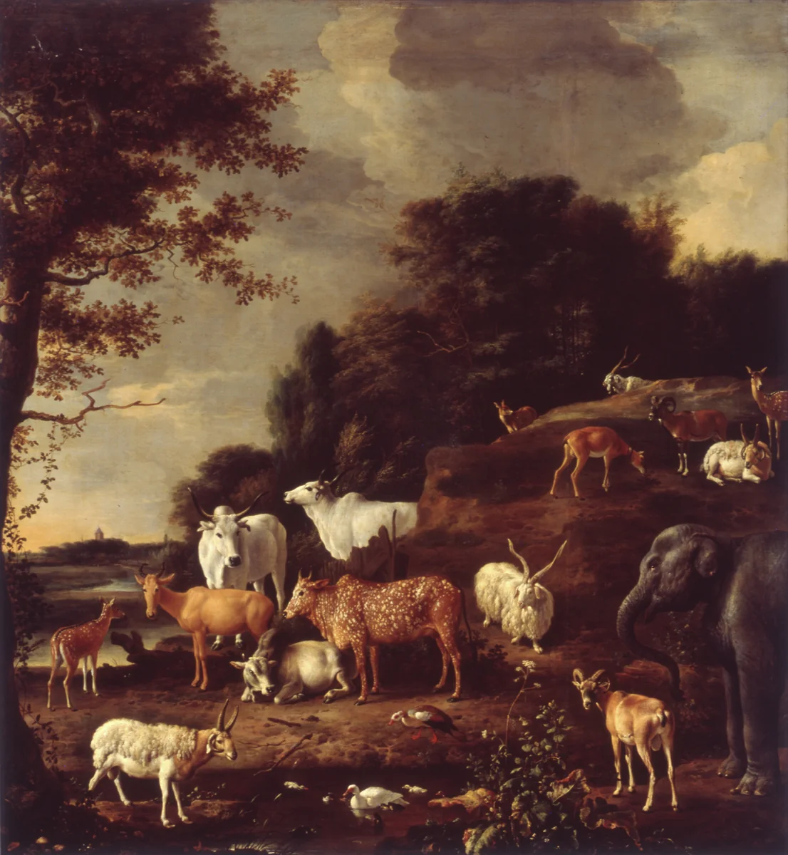 Landscape with Exotic Animals by Melchior d' Hondecoeter, painting, 1690