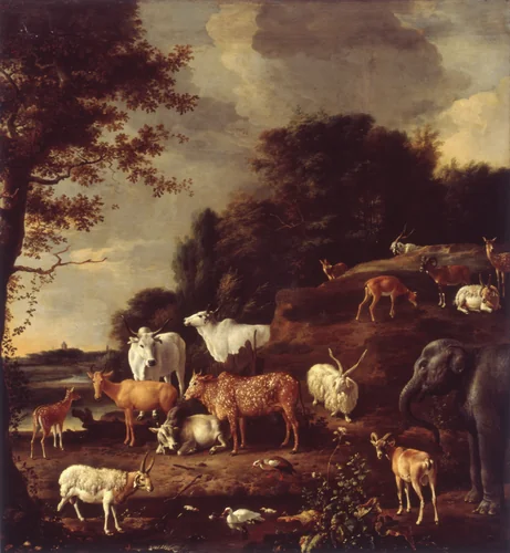 Landscape with Exotic Animals by Melchior d' Hondecoeter, painting, 1690