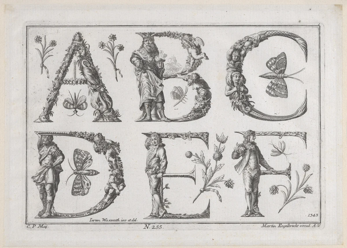 Decorated Roman alphabet by Jeremias Wachsmuth, print, 1700-1799