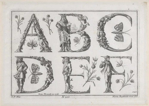 Decorated Roman alphabet by Jeremias Wachsmuth, print, 1700-1799