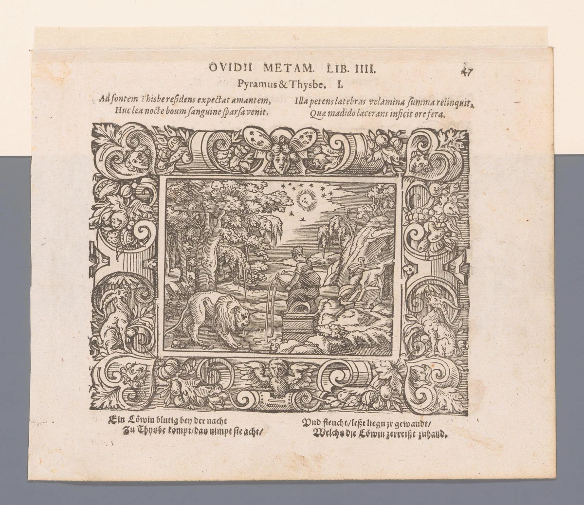 Thisbe vlucht voor de leeuwin bij de bron by Virgilius Solis, print, 1569