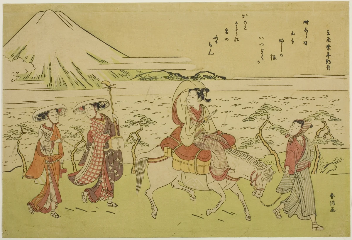 Parody of Ariwara no Narihira's journey to the east by Suzuki Harunobu (鈴木春信), print, 1762-1770