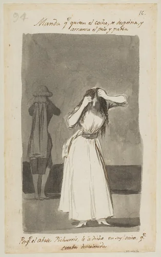 Woman throwing a tantrum and pulling her hair; folio 94 (verso) from the Madrid Album "B" by Goya, drawing, 1796-1798
