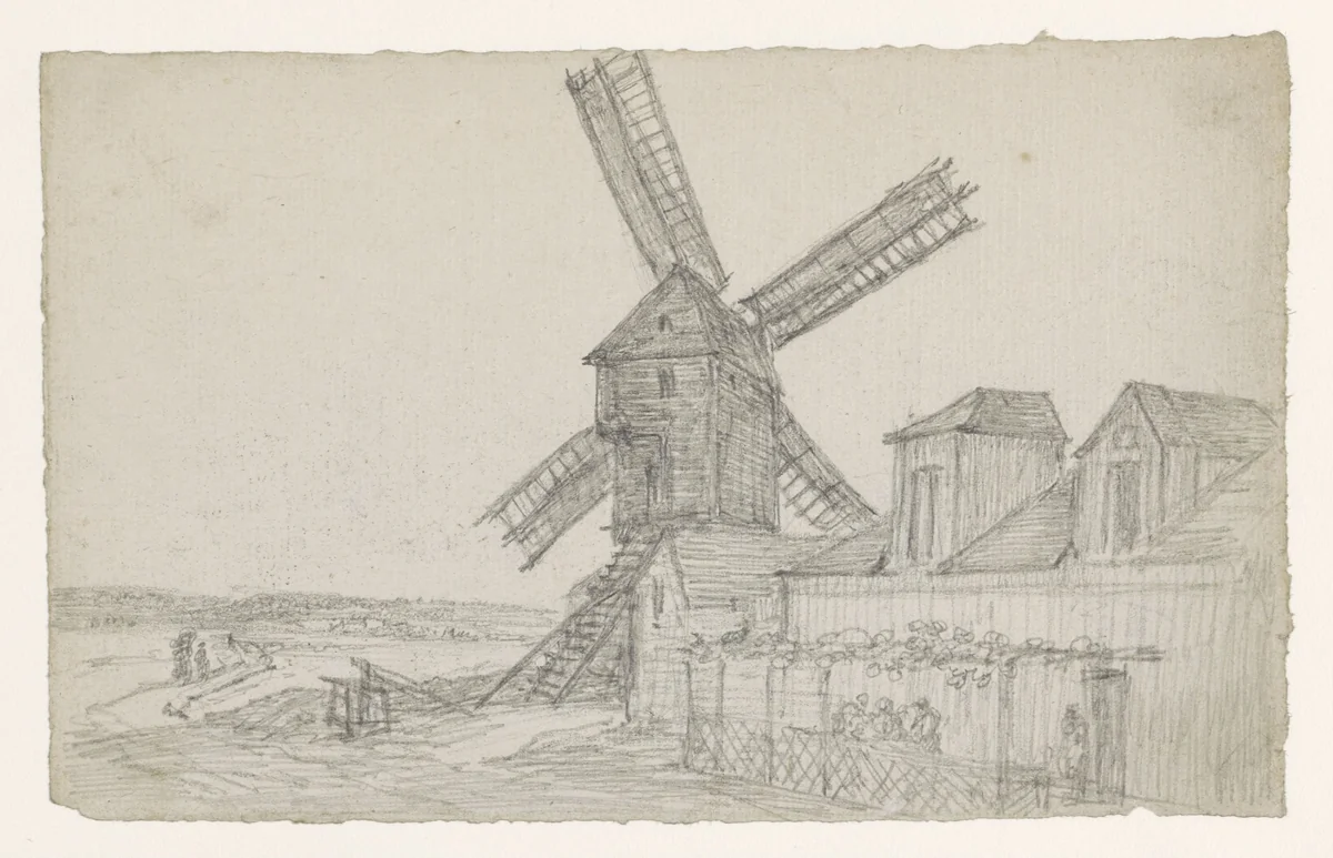 Molen op de Butte met een openlucht cafeetje by Georges Michel, drawing, 1773-1843