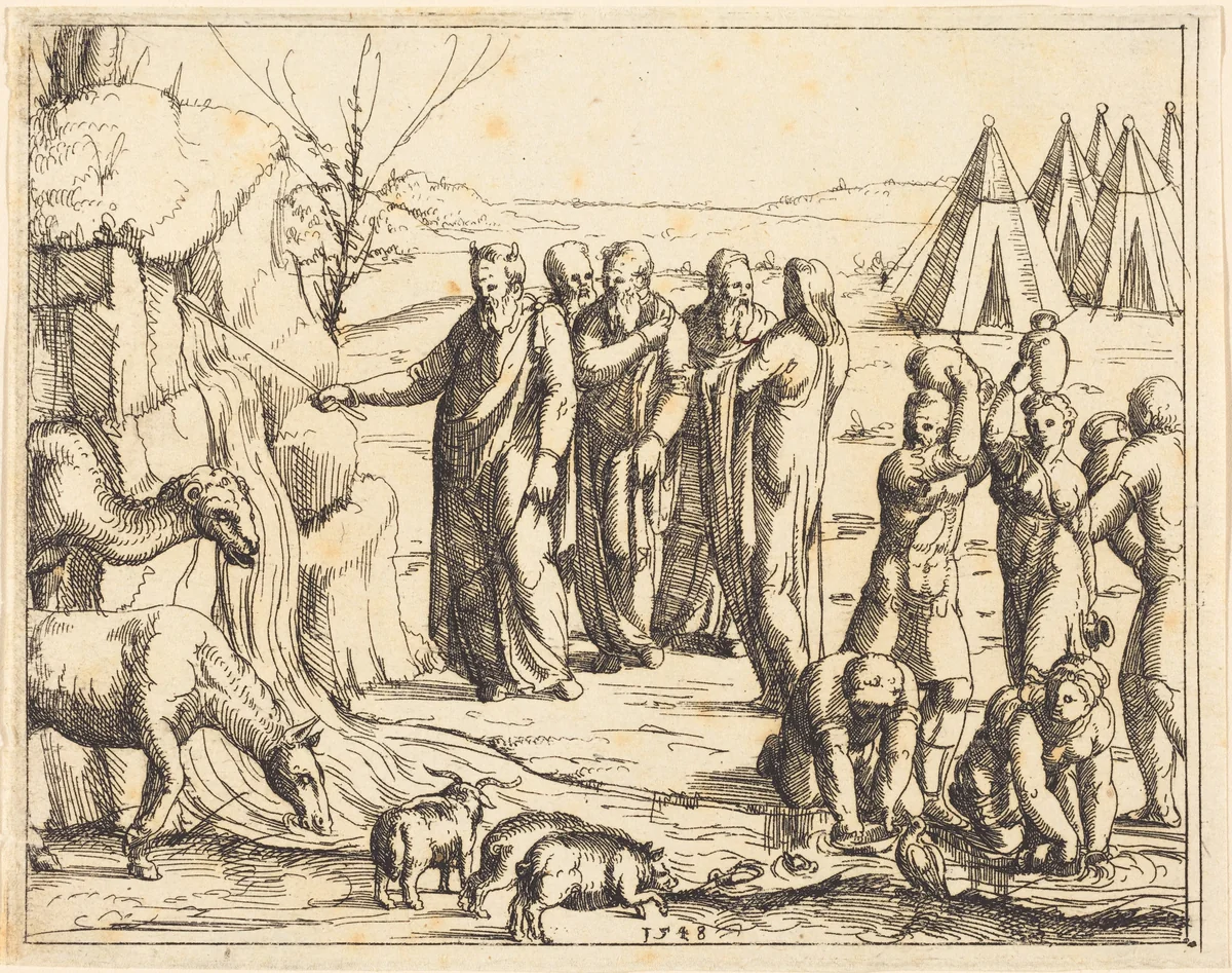 Moses Striking the Rock by Augustin Hirschvogel, print, 1503-1553