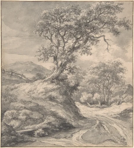 Dune Landscape with Oak Tree by Jacob van Ruisdael, drawing, 1650-1655