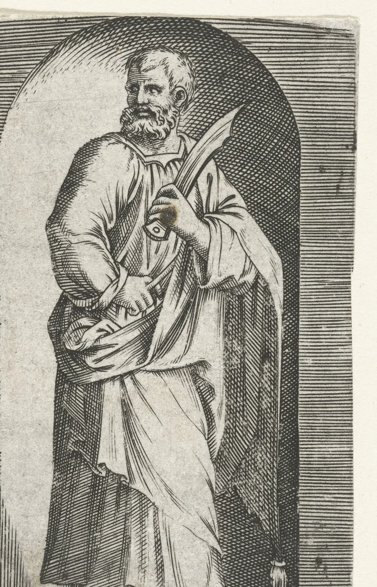 Apostel Bartolomeüs met mes staand in nis by anonymous, print, 1517-1577